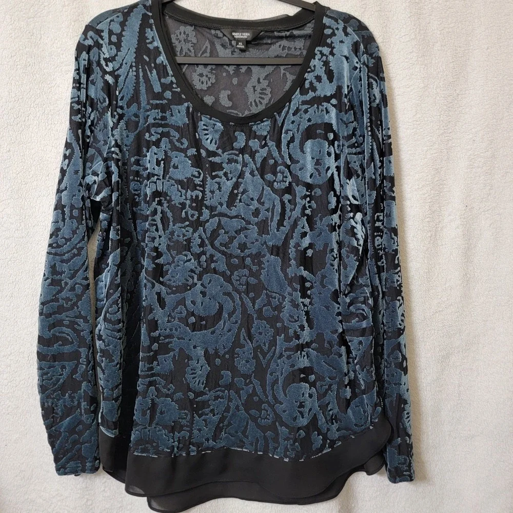 Simply Vera Vera Wang Velvet Burnout Top XLG‎ Fairy Grunge Whimsigoth Teal Black
